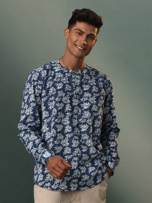 Vastramay Men's Navy Blue Printed with Kantha Stich Cotton Short Kurta