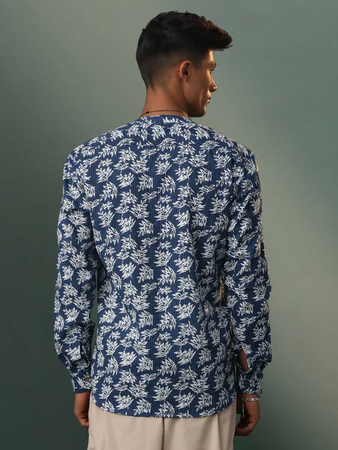 Vastramay Men's Navy Blue Printed with Kantha Stich Cotton Short Kurta