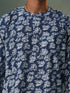Vastramay Men's Navy Blue Printed with Kantha Stich Cotton Short Kurta