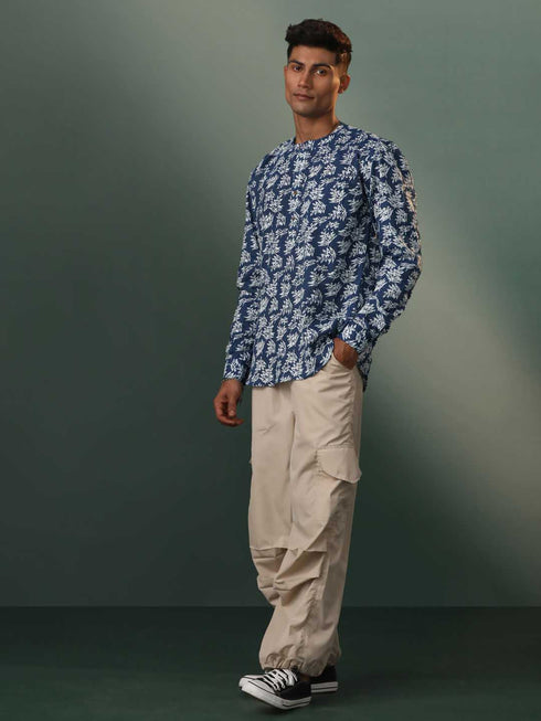 Vastramay Men's Navy Blue Printed with Kantha Stich Cotton Short Kurta