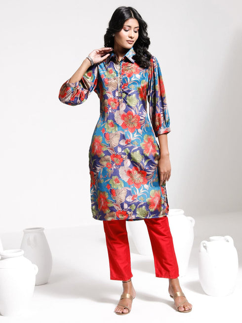 Vastramay Women's Shirt Style Satin Embellished Kurta Set