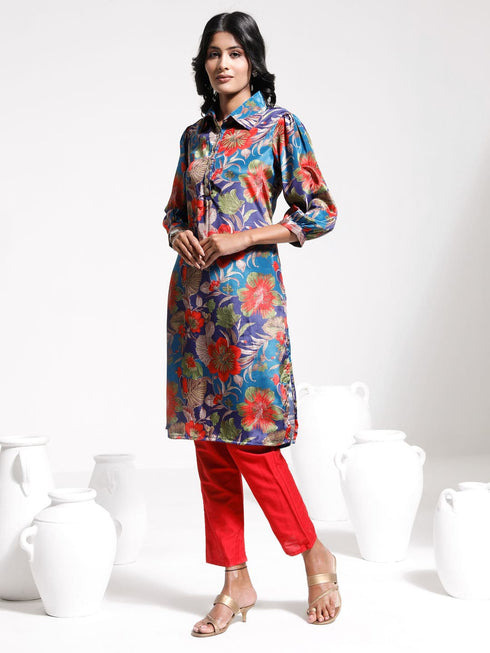Vastramay Women's Shirt Style Satin Embellished Kurta Set
