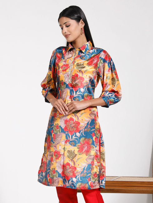 Vastramay Women's Shirt Style Satin Embellished Mustard Kurta