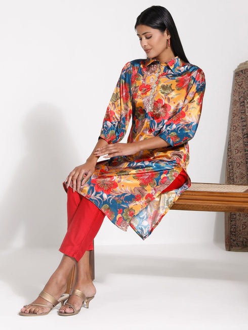 Vastramay Women's Shirt Style Satin Embellished Mustard Kurta