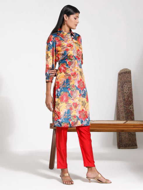 Vastramay Women's Shirt Style Satin Embellished Mustard Kurta Set