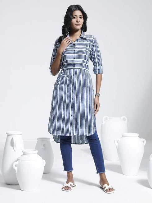 Vastramay Women's Blue Striped Cotton Shirt Style Kurta