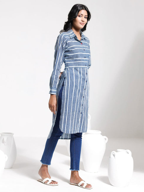 Vastramay Women's Blue Striped Cotton Shirt Style Kurta