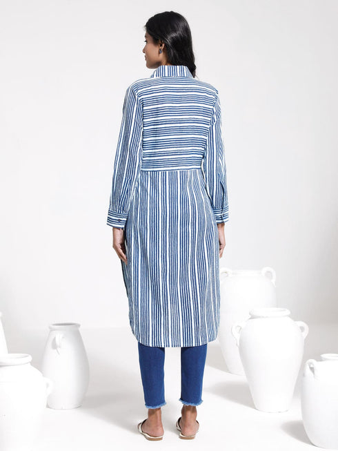 Vastramay Women's Blue Striped Cotton Shirt Style Kurta