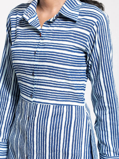 Vastramay Women's Blue Striped Cotton Shirt Style Kurta