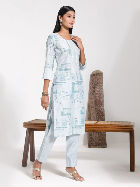 Vastramay Women's Aqua Blue Printed Cotton Kurta Pant Set