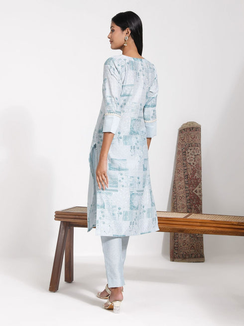Vastramay Women's Aqua Blue Printed Cotton Kurta Pant Set