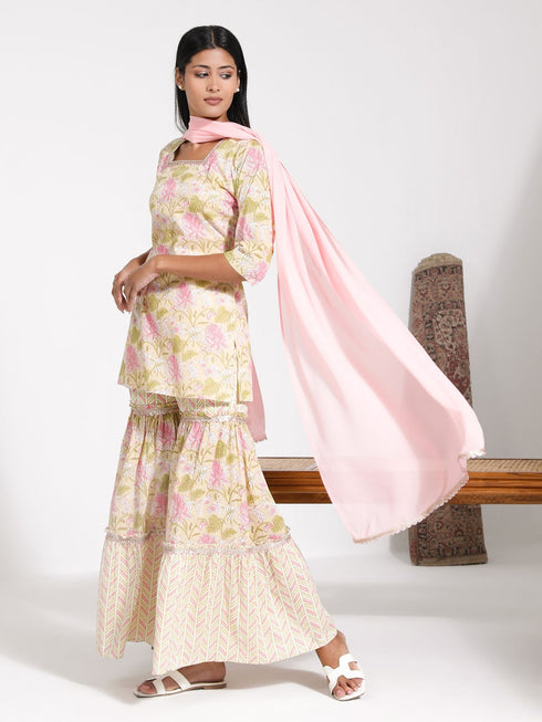 Vastramay Women's Summer Cotton Embellished Sharara Set