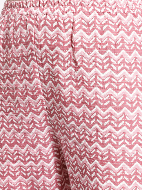 Vastramay Women's Pink Printed Cotton Kantha Kurta Pant Set