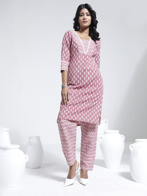 Vastramay Women's Pink Printed Cotton Kantha Kurta Pant Set