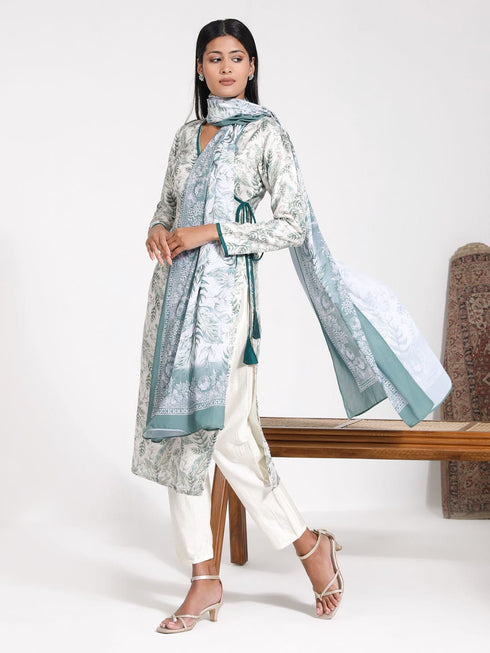 Vastramay Women's Tropical Print Angrakha Kurta Set With Dupatta