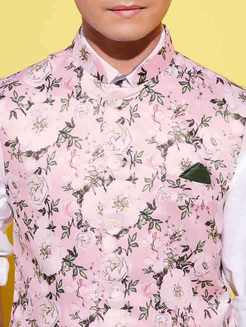 Vastramay Boys Multicolor-Base-Pink Floral Printed Nehru Jacket
