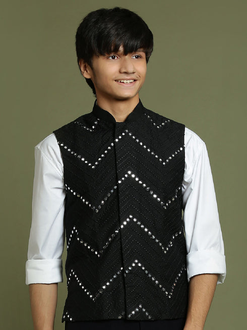 Vastramay Boy's Black Mirror Work Ethnic Jacket