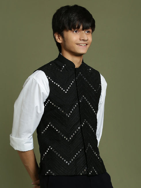 Vastramay Boy's Black Mirror Work Ethnic Jacket