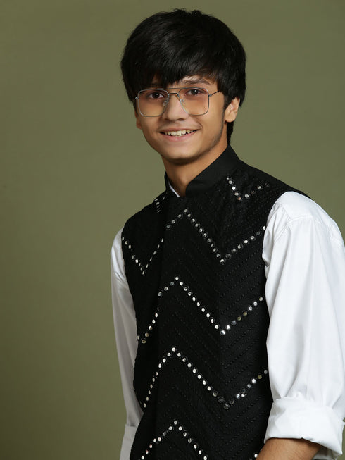 Vastramay Boy's Black Mirror Work Ethnic Jacket