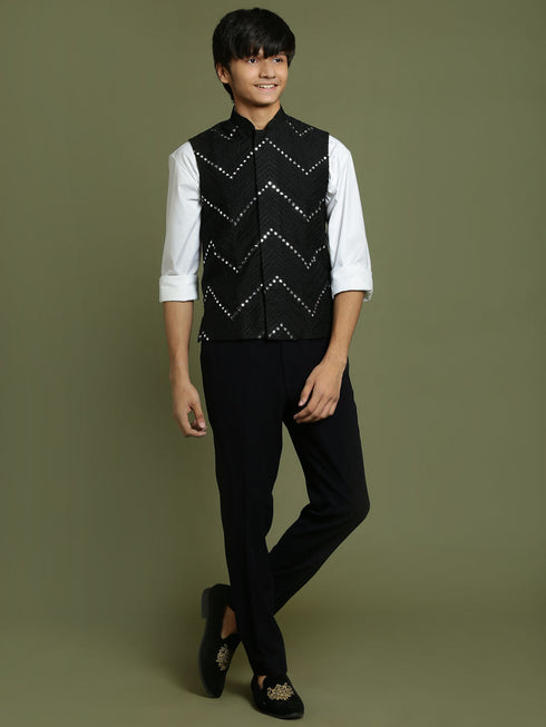 Vastramay Boy's Black Mirror Work Ethnic Jacket