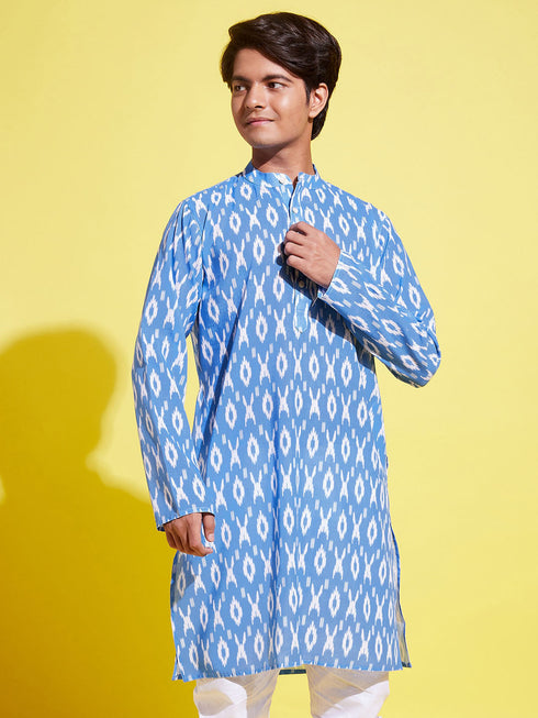 Vastramay Boys Traditional Ikkat Print Flat Collar Kurta
