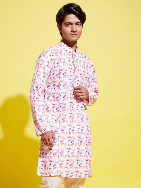 Vastramay Boy's White Base Multi Color Cotton Kurta