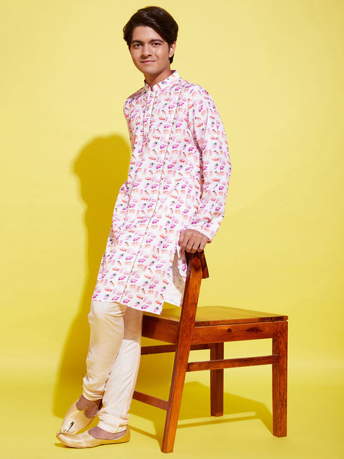 Vastramay Boy's White Base Multi Color Cotton Kurta