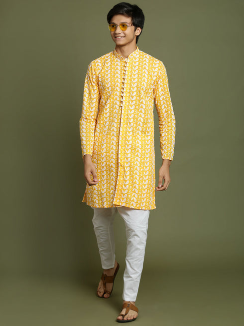 Vastramay Boy's Orange Chaikankari Kurta With White Pyjama Set