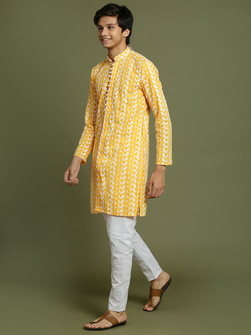 Vastramay Boy's Orange Chaikankari Kurta With White Pyjama Set