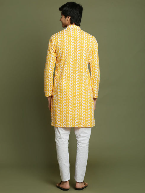 Vastramay Boy's Orange Chaikankari Kurta With White Pyjama Set