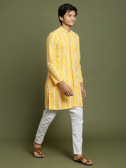 Vastramay Boy's Orange Chaikankari Kurta With White Pyjama Set