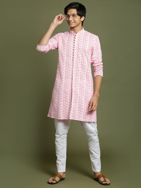 Vastramay Boy's Pink Chaikankari Kurta With White Pyjama Set