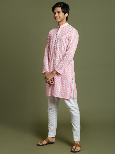 Vastramay Boy's Pink Chaikankari Kurta With White Pyjama Set
