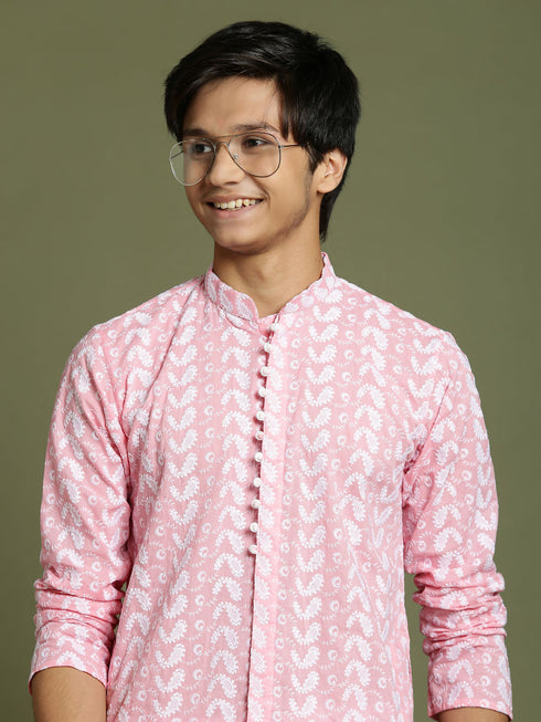 Vastramay Boy's Pink Chaikankari Kurta With White Pyjama Set