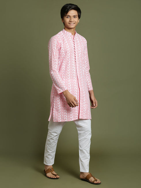 Vastramay Boy's Pink Chaikankari Kurta With White Pyjama Set