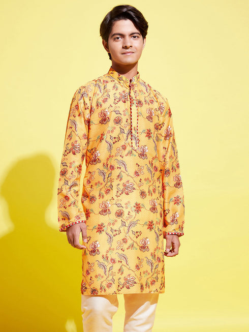 Vastramay Boy's Multicolor-Base-Mustard And Cream Kurta