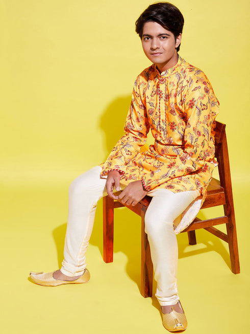 Vastramay Boy's Multicolor-Base-Mustard And Cream Kurta