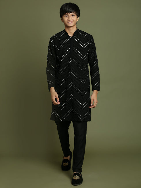 Vastramay Boys Black Mirror Work Georgette Kurta And Pyjama Set