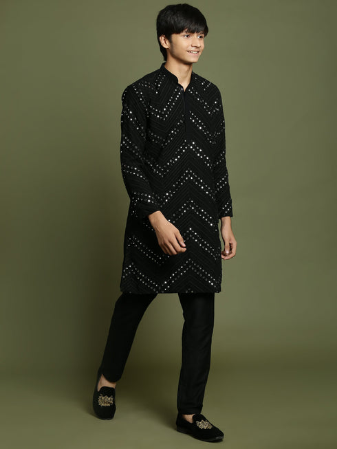 Vastramay Boys Black Mirror Work Georgette Kurta And Pyjama Set