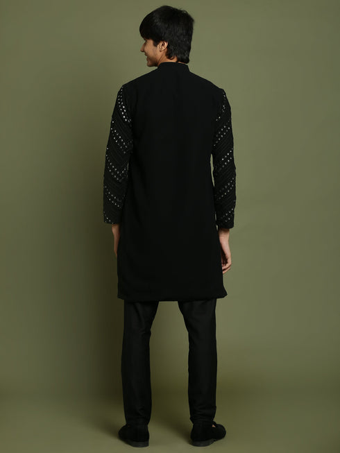 Vastramay Boys Black Mirror Work Georgette Kurta And Pyjama Set