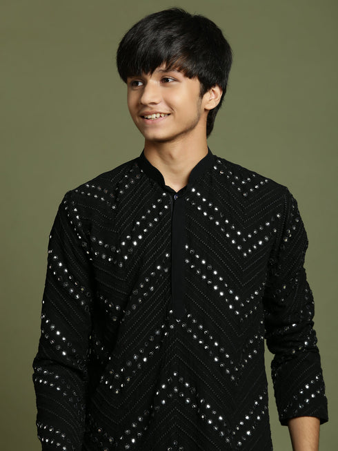 Vastramay Boys Black Mirror Work Georgette Kurta And Pyjama Set