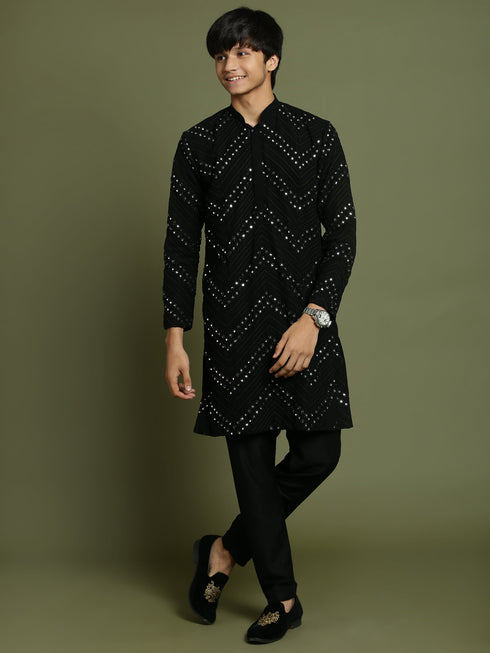 Vastramay Boys Black Mirror Work Georgette Kurta And Pyjama Set