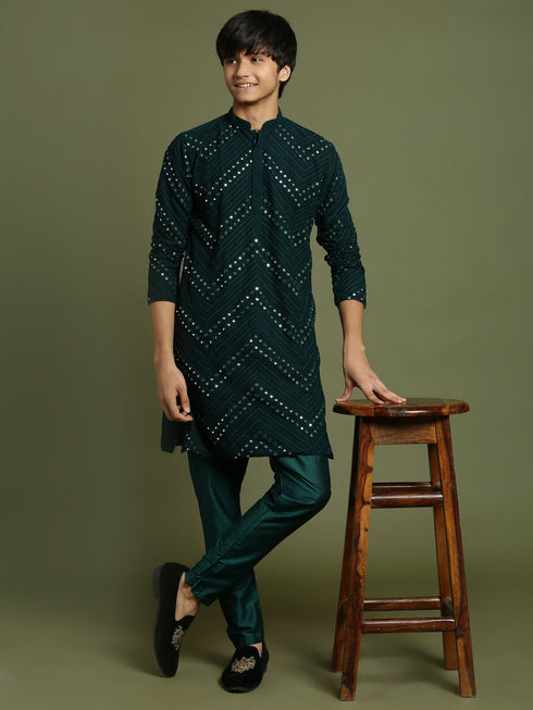 Vastramay Boys Green Mirror Work Georgette Kurta And Pyjama Set