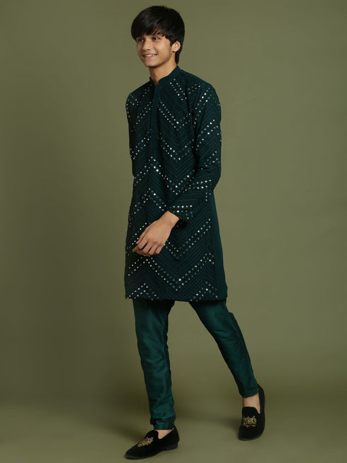 Vastramay Boys Green Mirror Work Georgette Kurta And Pyjama Set