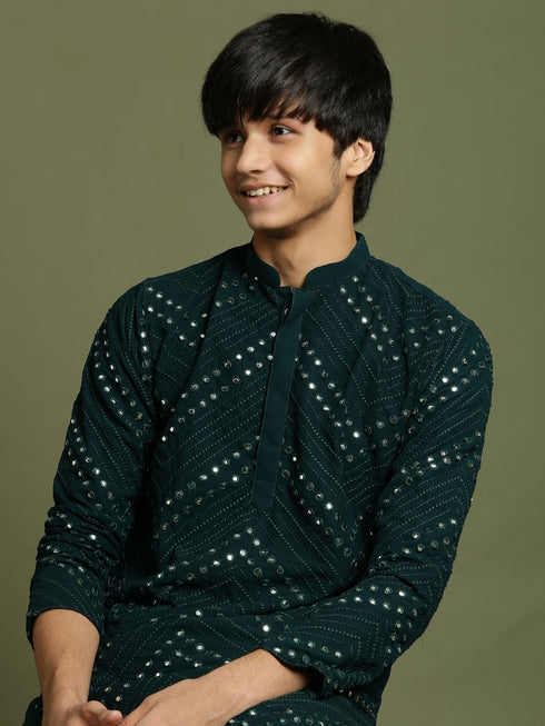 Vastramay Boys Green Mirror Work Georgette Kurta And Pyjama Set