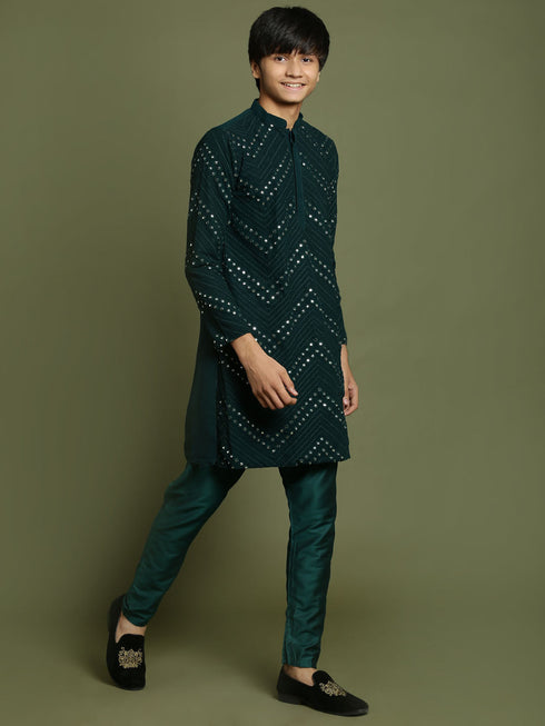 Vastramay Boys Green Mirror Work Georgette Kurta And Pyjama Set