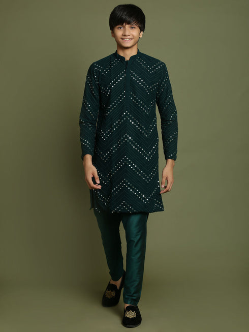 Vastramay Boys Green Mirror Work Georgette Kurta And Pyjama Set