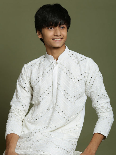 Vastramay Boys White Mirror Work Georgette Kurta And Pyjama Set