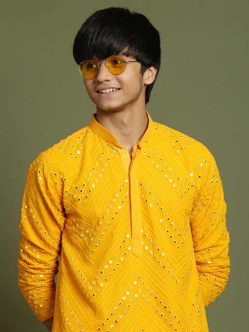 Vastramay Boys Yellow Mirror Work Georgette Kurta And Pyjama Set