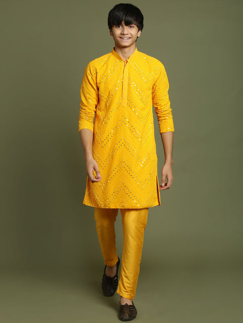 Vastramay Boys Yellow Mirror Work Georgette Kurta And Pyjama Set